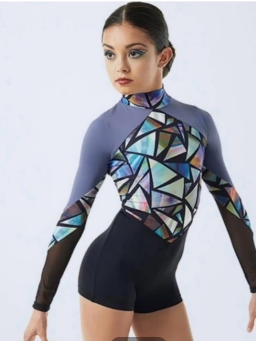 Weissman Iridescent Multi Geometric Long-Sleeve Dance Biketard with Mesh Sleeves